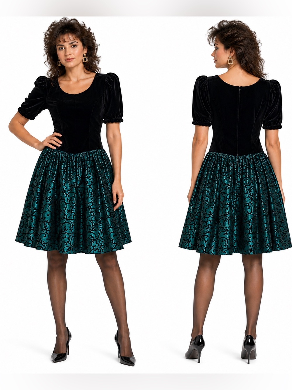 Elegant VTG Black Teal Taffeta Drop Waist Velvet Formal Event Dress Retro 80’s